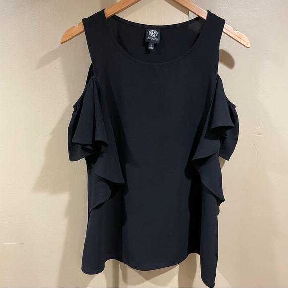 Bobeau Cold Shoulder Ruffle Black Blouse - Picture 3 of 5